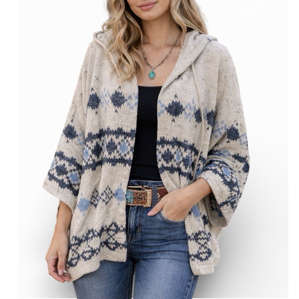 Aerie Cream Blue Hooded Southwestern Knit Open‎ Front Western Poncho